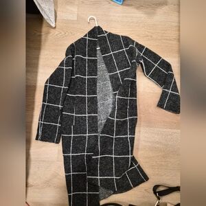 Cyrus Charcoal & White Grid Open-Front Long Cardigan